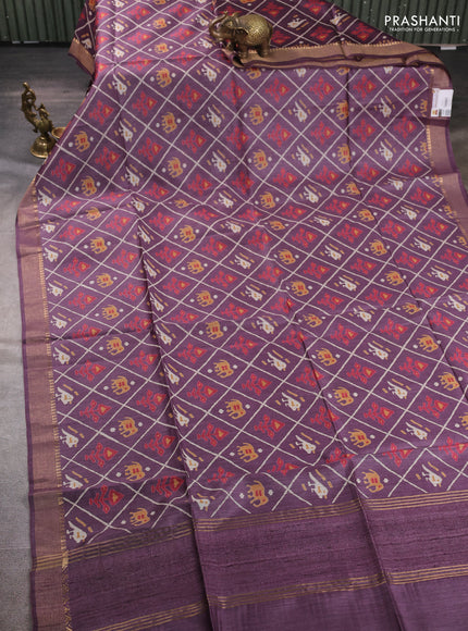 Munga tussar silk saree purple with allover patola prints and zari woven border