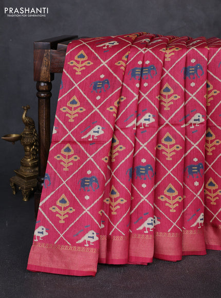 Munga tussar silk saree pink with allover patola prints and zari woven border