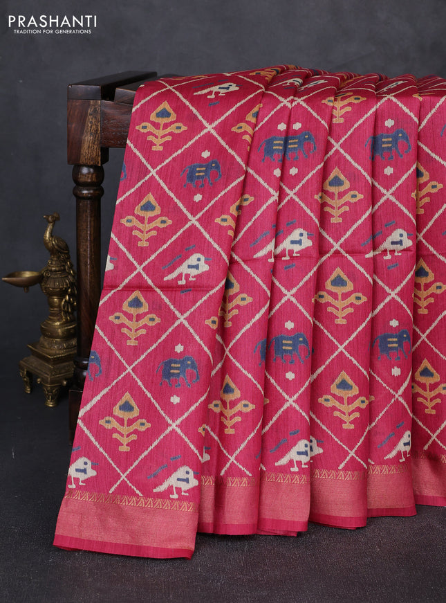 Munga tussar silk saree pink with allover patola prints and zari woven border