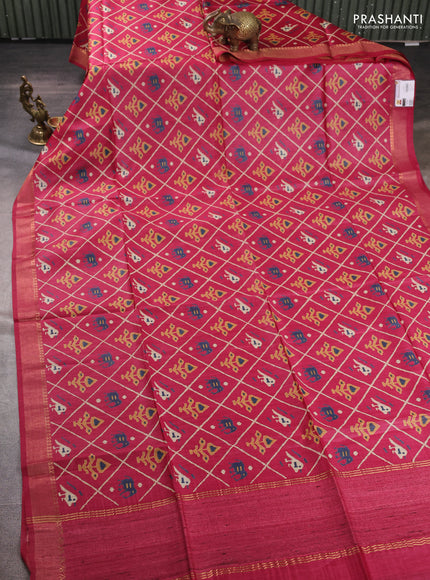 Munga tussar silk saree pink with allover patola prints and zari woven border