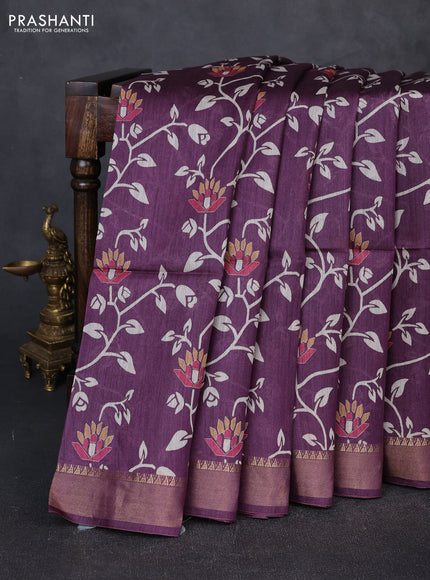Munga tussar silk saree purple with allover prints and zari woven border