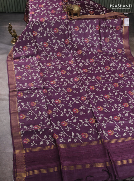 Munga tussar silk saree purple with allover prints and zari woven border