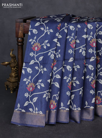 Munga tussar silk saree blue with allover prints and zari woven border