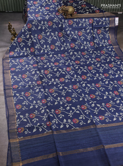 Munga tussar silk saree blue with allover prints and zari woven border