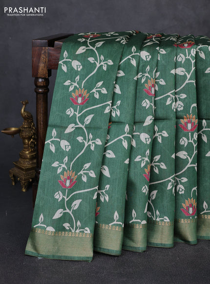 Munga tussar silk saree green with allover prints and zari woven border