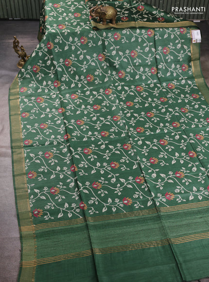 Munga tussar silk saree green with allover prints and zari woven border