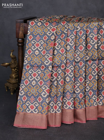 Munga tussar silk saree pastel maroon and grey with allover ajrakh prints and zari woven border