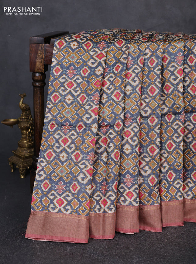 Munga tussar silk saree pastel maroon and grey with allover ajrakh prints and zari woven border