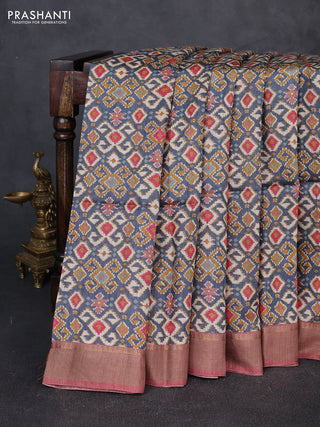 Munga tussar silk saree pastel maroon and grey with allover ajrakh prints and zari woven border
