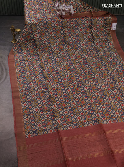 Munga tussar silk saree pastel maroon and grey with allover ajrakh prints and zari woven border