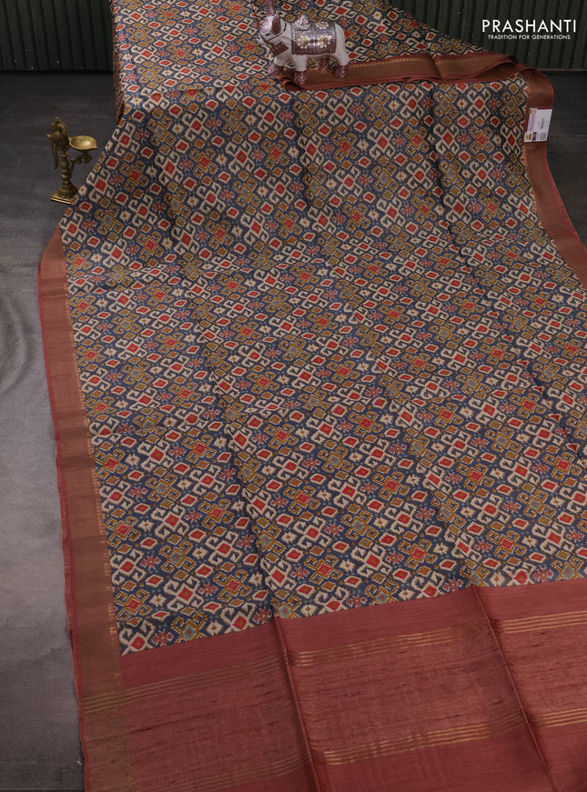 Munga tussar silk saree pastel maroon and grey with allover ajrakh prints and zari woven border