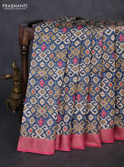 Munga tussar silk saree pink and peacock blue with allover ajrakh prints and zari woven border