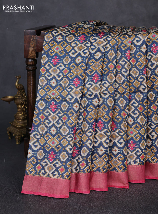 Munga tussar silk saree pink and peacock blue with allover ajrakh prints and zari woven border