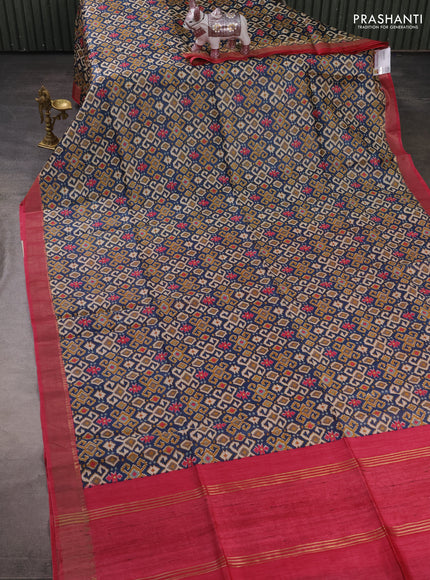 Munga tussar silk saree pink and peacock blue with allover ajrakh prints and zari woven border