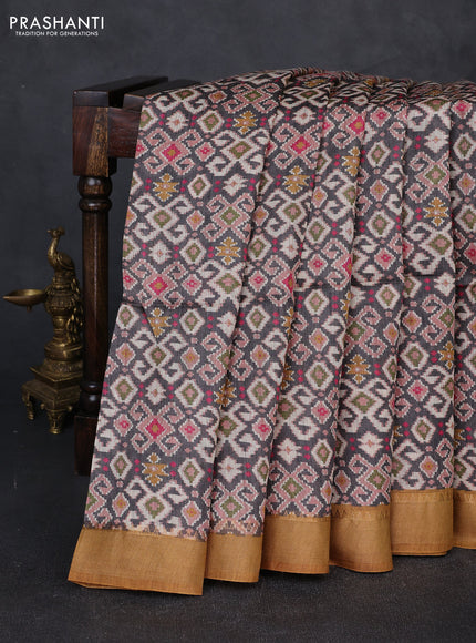 Munga tussar silk saree mustard yellow and grey with allover ajrakh prints and zari woven border
