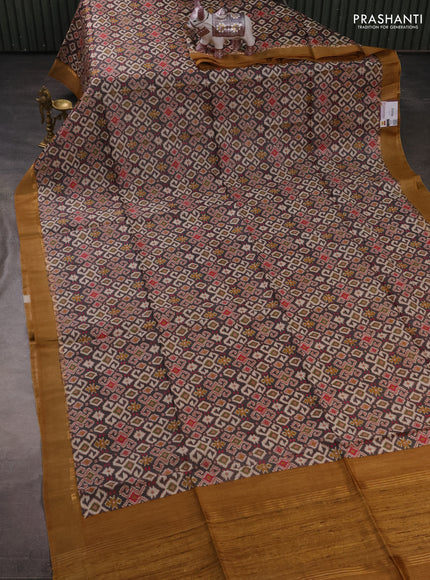 Munga tussar silk saree mustard yellow and grey with allover ajrakh prints and zari woven border