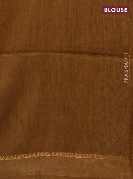 Munga tussar silk saree mustard yellow and grey with allover ajrakh prints and zari woven border