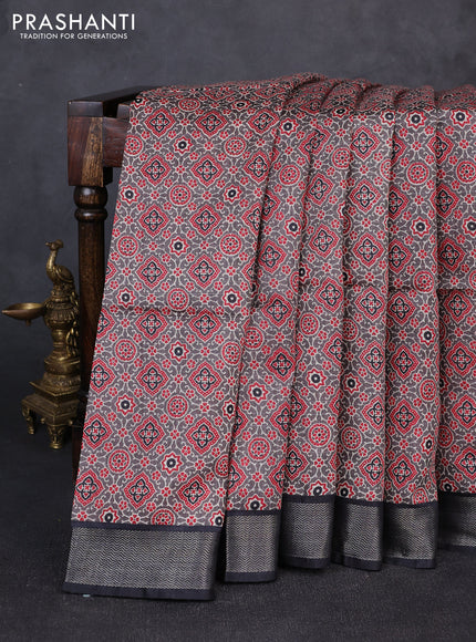 Munga tussar silk saree grey with allover ajrakh prints and zari woven border