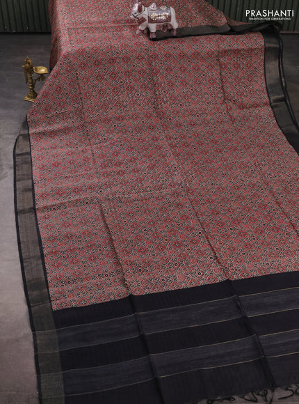 Munga tussar silk saree grey with allover ajrakh prints and zari woven border