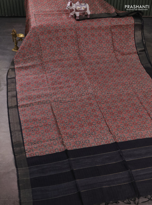 Munga tussar silk saree grey with allover ajrakh prints and zari woven border