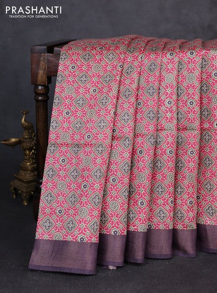 Munga tussar silk saree pink and jamun with allover ajrakh prints and zari woven border