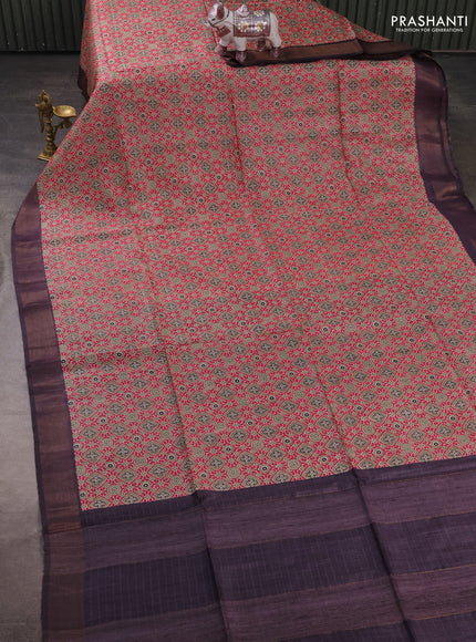 Munga tussar silk saree pink and jamun with allover ajrakh prints and zari woven border