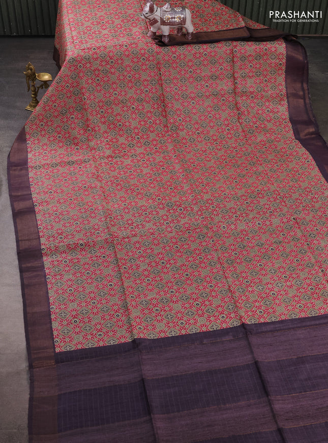 Munga tussar silk saree pink and jamun with allover ajrakh prints and zari woven border