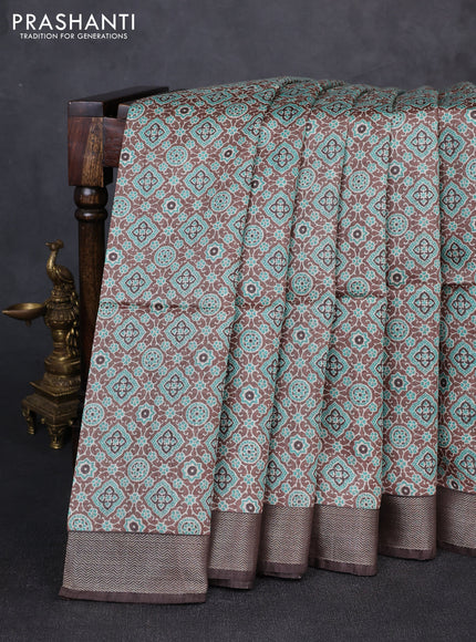 Munga tussar silk saree coffee brown with allover ajrakh prints and zari woven border