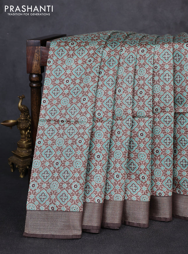 Munga tussar silk saree coffee brown with allover ajrakh prints and zari woven border