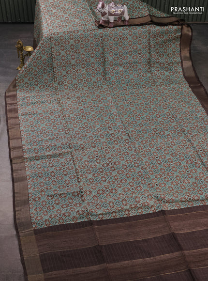 Munga tussar silk saree coffee brown with allover ajrakh prints and zari woven border