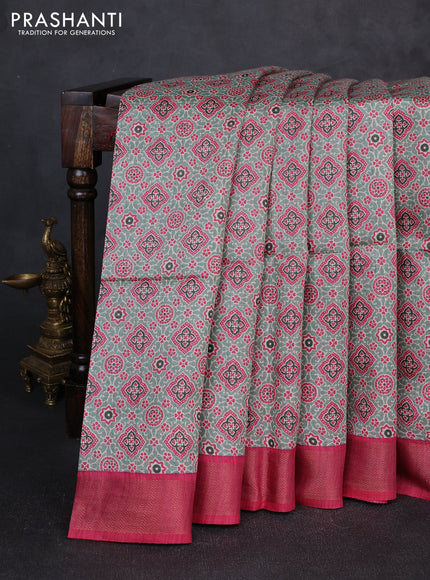Munga tussar silk saree pink with allover ajrakh prints and zari woven border