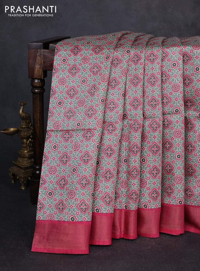 Munga tussar silk saree pink with allover ajrakh prints and zari woven border