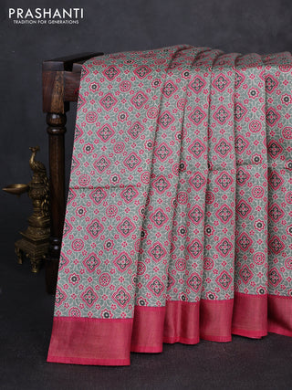 Munga tussar silk saree pink with allover ajrakh prints and zari woven border