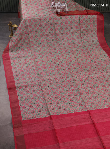 Munga tussar silk saree pink with allover ajrakh prints and zari woven border