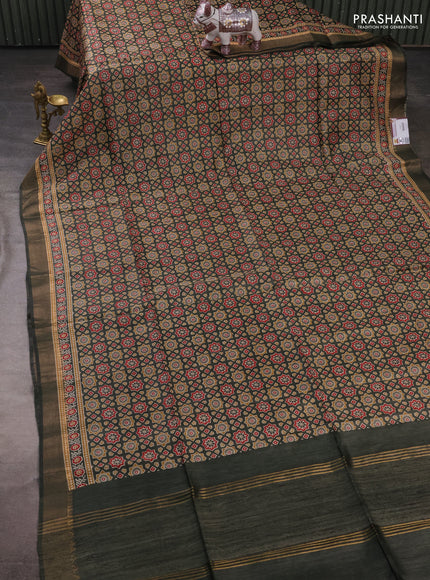 Munga tussar silk saree deep sap green with allover ajrakh prints and zari woven border