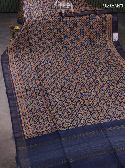 Munga tussar silk saree blue with allover ajrakh prints and zari woven border