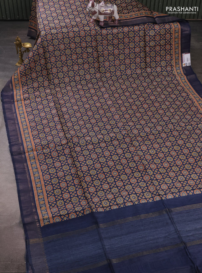 Munga tussar silk saree blue with allover ajrakh prints and zari woven border