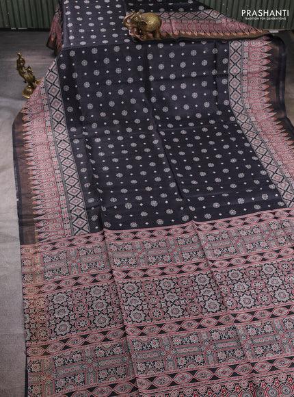 Munga tussar silk saree black with allover butta prints and ajrakh printed pallu