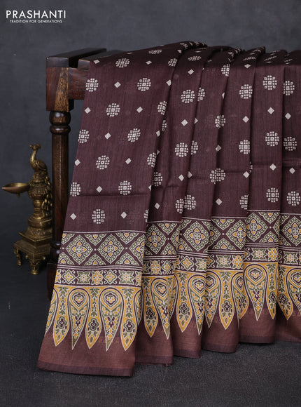 Munga tussar silk saree coffee brown with allover butta prints and ajrakh printed pallu