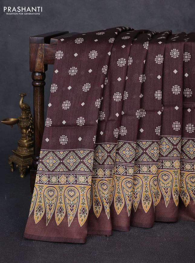 Munga tussar silk saree coffee brown with allover butta prints and ajrakh printed pallu