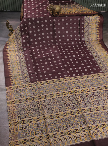 Munga tussar silk saree coffee brown with allover butta prints and ajrakh printed pallu