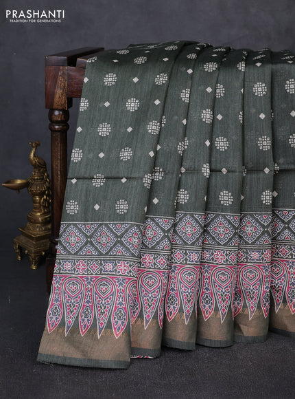 Munga tussar silk saree deep sap green with allover butta prints and ajrakh printed pallu