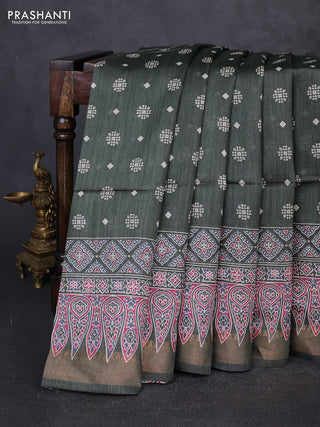 Munga tussar silk saree deep sap green with allover butta prints and ajrakh printed pallu