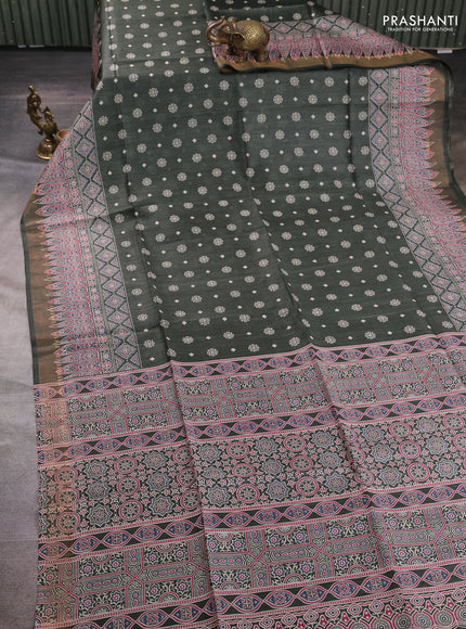 Munga tussar silk saree deep sap green with allover butta prints and ajrakh printed pallu