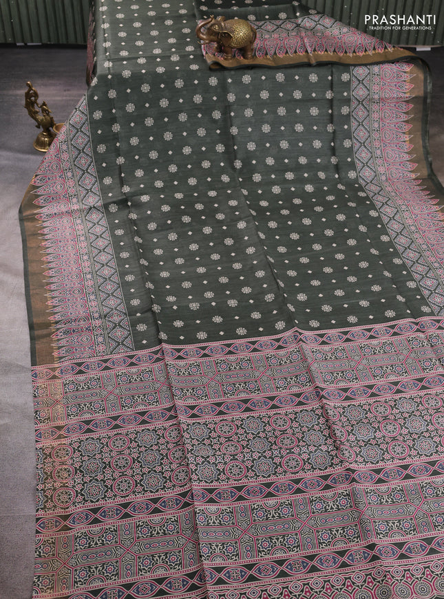 Munga tussar silk saree deep sap green with allover butta prints and ajrakh printed pallu