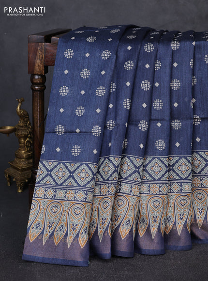 Munga tussar silk saree blue with allover butta prints and ajrakh printed pallu