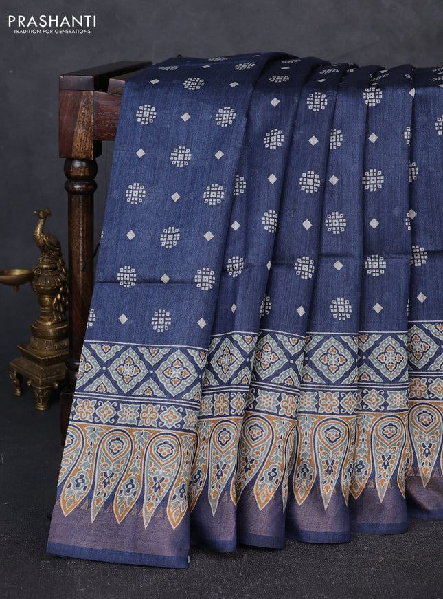 Munga tussar silk saree blue with allover butta prints and ajrakh printed pallu