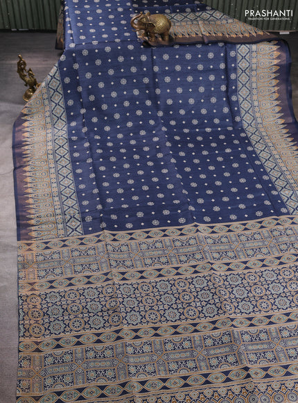 Munga tussar silk saree blue with allover butta prints and ajrakh printed pallu