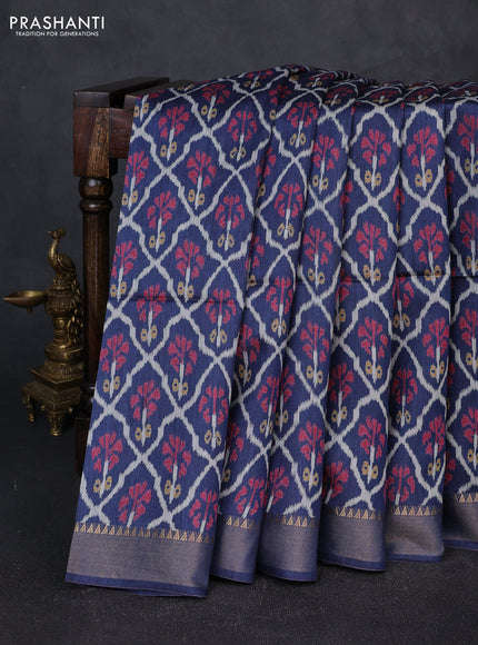 Munga tussar silk saree navy blue with allover ikat prints and zari woven border