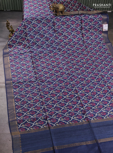 Munga tussar silk saree navy blue with allover ikat prints and zari woven border